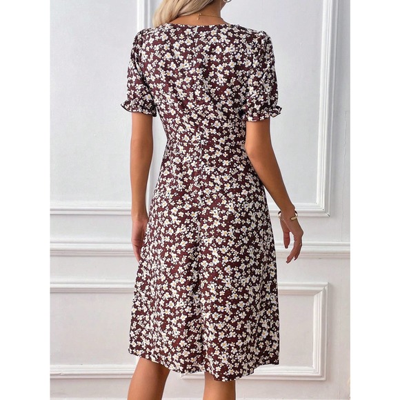 preppy Floral Print Puff Sleeve Split Thigh mini Dress - Picture 11 of 11